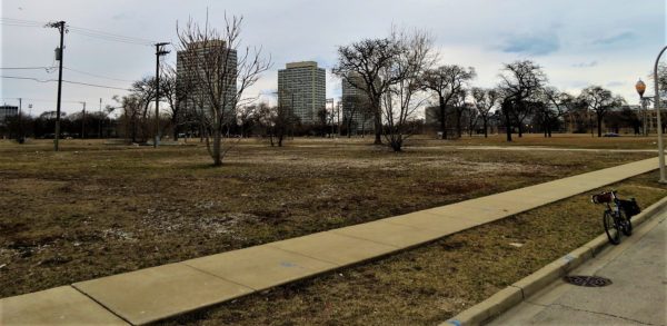 A tour bike standing next to a large empty urban lot dotted with leafless trees with three white high rises in the distance
