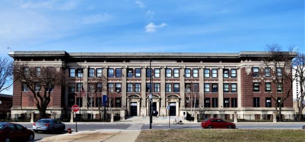 Front of histroic school during a bike ride tour.