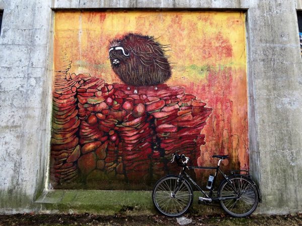 A tour bike leaning on a concrete framed dark red and yellow mural of a shaggy musk ox standing on a cliff