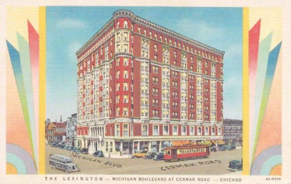 A historical postcard of a twn story rounded corner hotel building