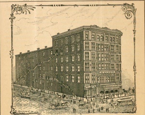 A drawing of a massive late 19th century theatre and the crowd gathering in front