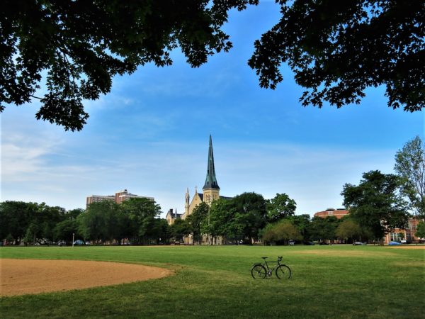 A tour bike standing in short green grass park with leaves overhead and a church steeple in the distance.