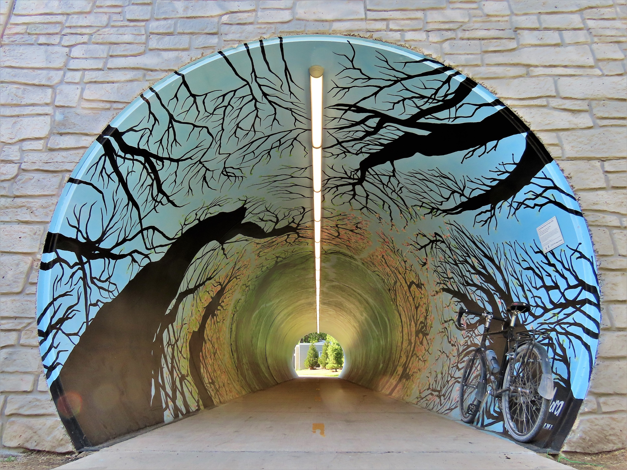 A tour bike leaning on just inside of a tunnel paionted light blue with dark leafless tree limbs representing winter.