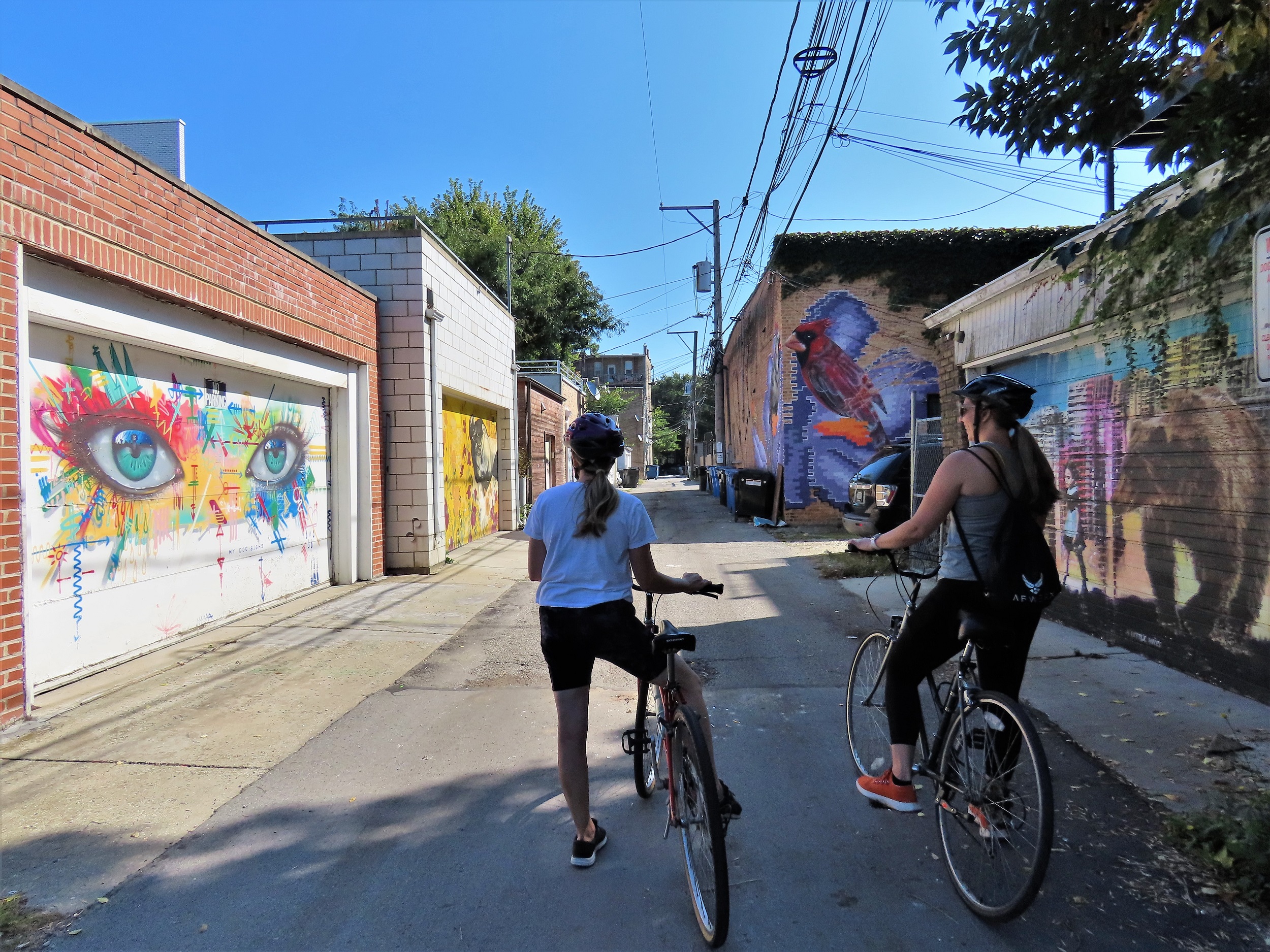 Two CBA riders from behind looking at an alley with garage doors covered in murals.